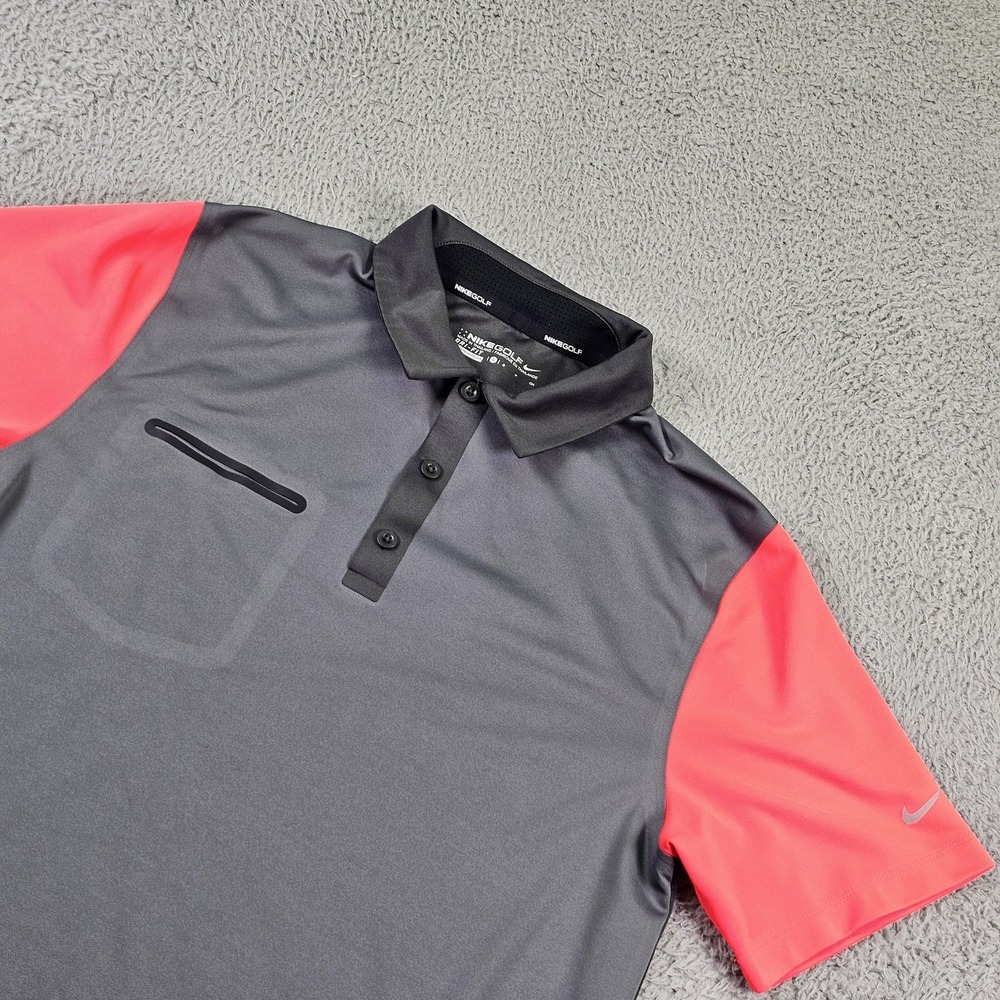 Nike Golf Polo Shirt Mens Small Gray Red Colorblock Dri-FIT Pocket 715808-022